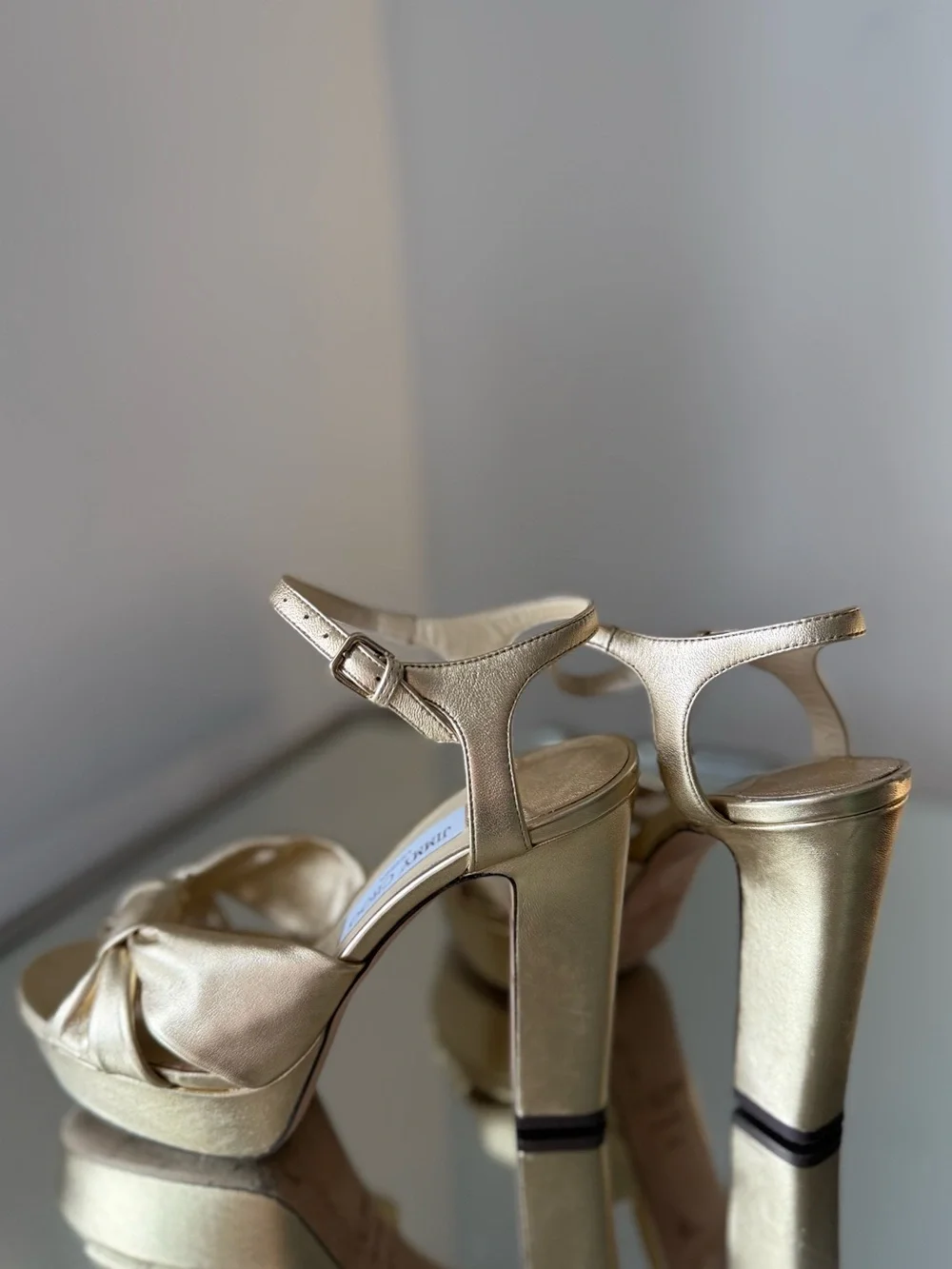Jimmy Choo Heloise 120 Gold Metallic Nappa Leather Platform Sandals 38.5